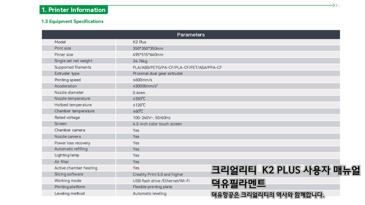 크리얼리티 K2 PLUS 사용자 매뉴얼 덕유필라멘트 DY필라멘트