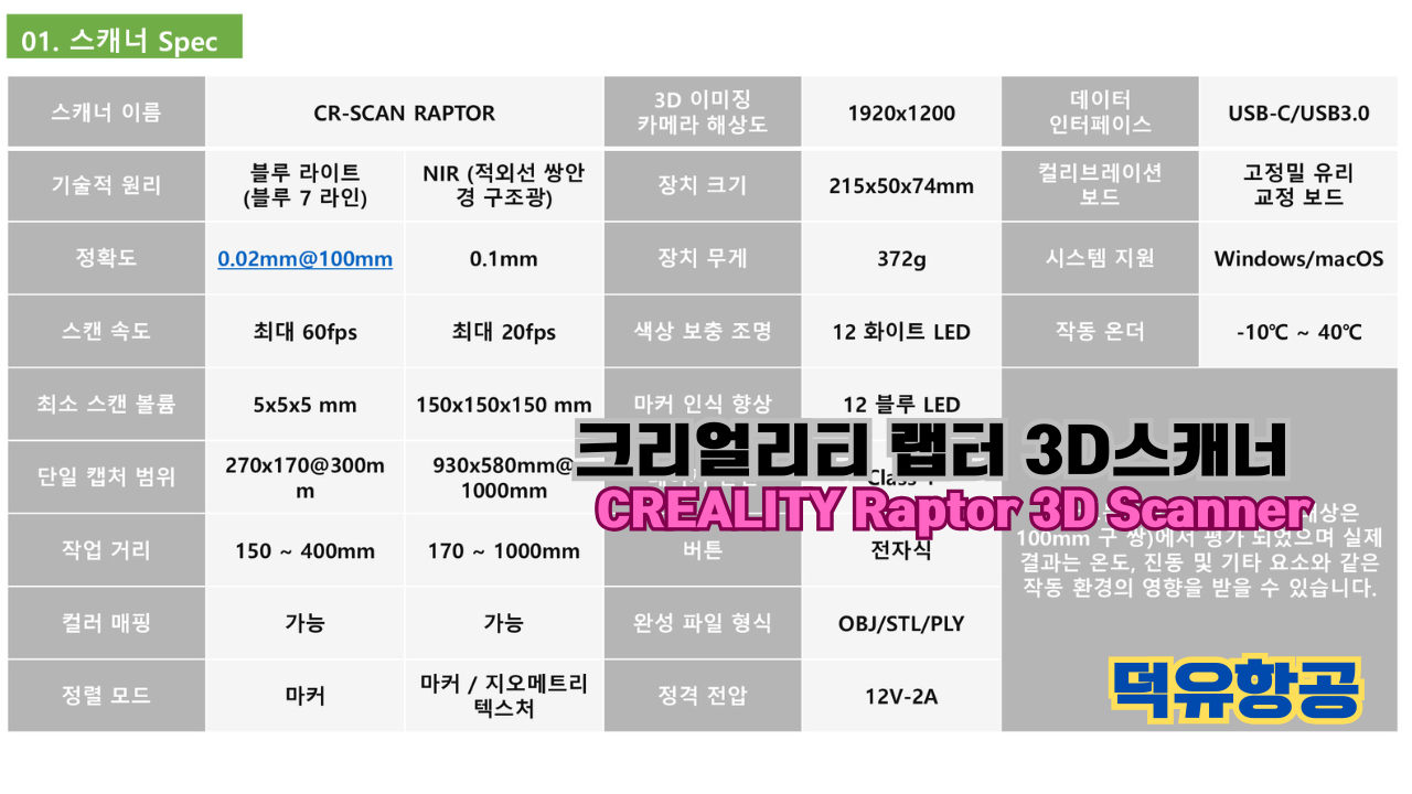 크리얼리티 랩터(Raptor) 한국어 사용자 설명서, 3D스캐너 덕유항공; CREALITY 3D Scanner Raptor