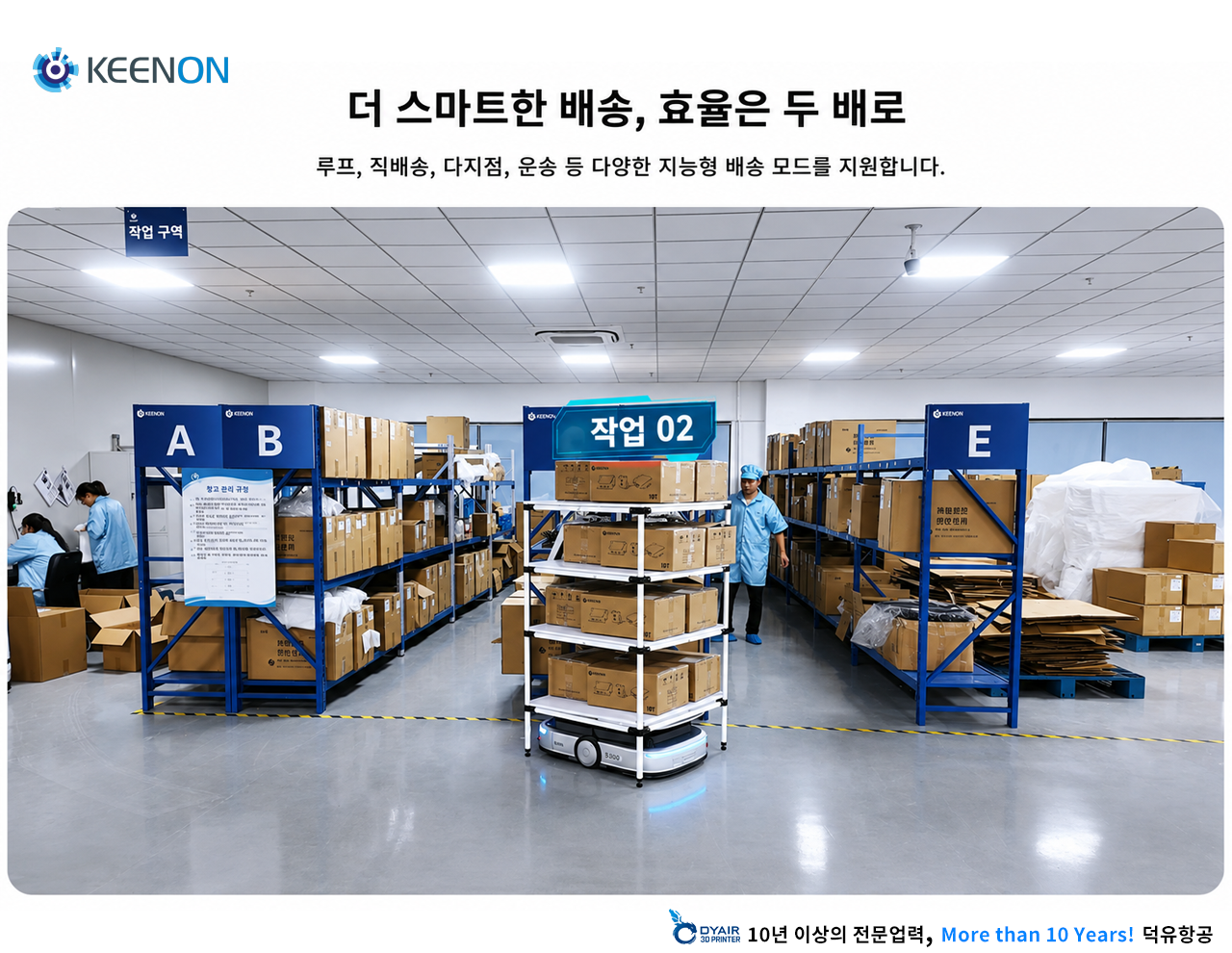 300kg을 들어올려 스스로 옮깁니다 — KEENON S300 고하중 지능형 배송로봇 · 섀시 높이 23cm · 배포 1일, 물류센터 자동화