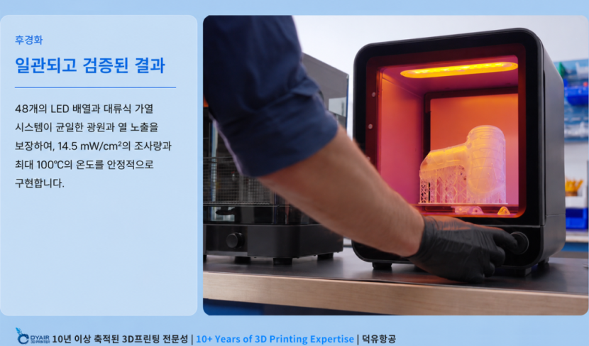 폼랩스 폼큐어, 3D프린터 출력이 끝나면 다른 중요한 프로세스가 시작됩니다. 그것은 후경화 작업입니다.SLA 후처리를 11분으로 줄여줍니다. Formlabs Form Cure